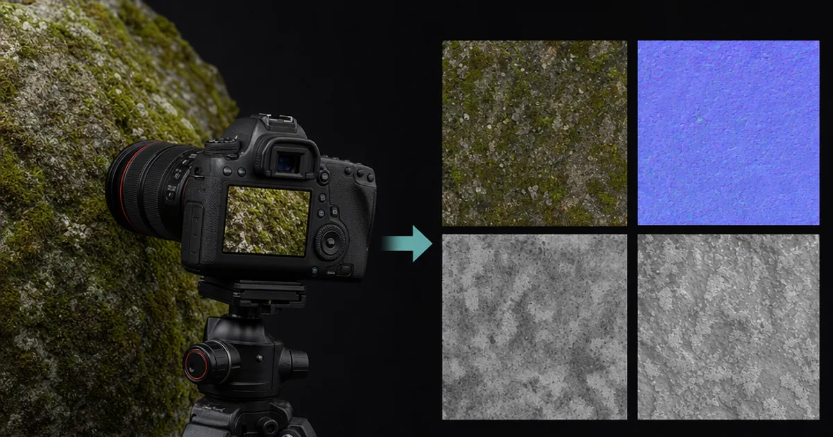 A camera photographing a mossy rock surface on the left, resolving into a set of PBR texture maps on the right