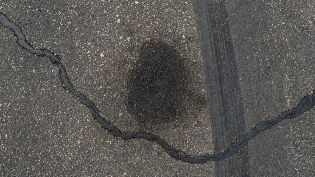 Close-up of asphalt showing darker polished tyre tracks, a central oil stain, a sealed crack repair, and scattered stone aggregate