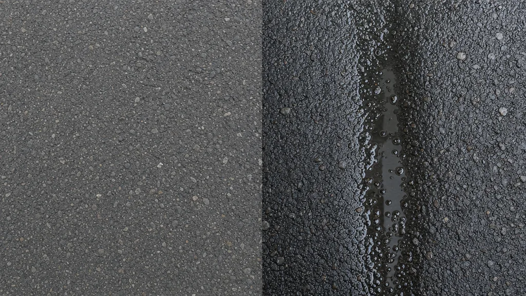 Split comparison of the same asphalt surface dry and matte on one side, wet and dark with reflections and puddles on the other