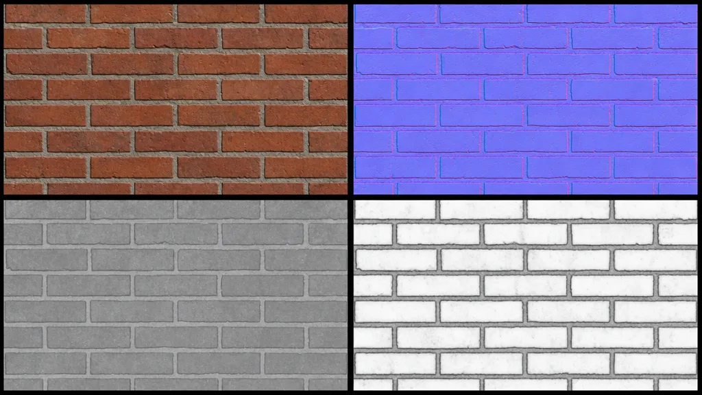 Four PBR texture maps for a red brick wall arranged in a grid — red base colour with grey mortar, purple-blue normal with deep grooves, greyscale roughness, and ambient occlusion with dark mortar joints