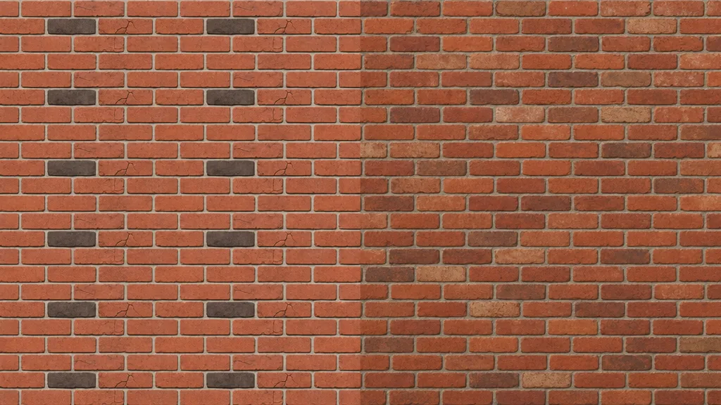 Side-by-side brick wall comparison — left half shows an obvious repeating grid with one dark brick and a crack tiling regularly, right half tiles cleanly with natural colour variation