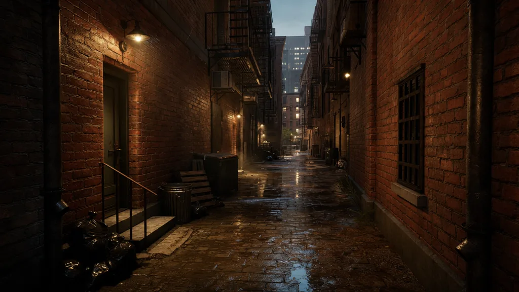 Moody urban game environment of a narrow alley lined with weathered red brick walls, fire escapes, and wet cobblestones under dramatic evening light