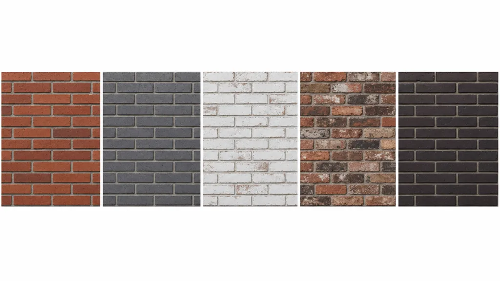 A row of five seamless brick material swatches — red running bond, grey engineering brick, whitewashed brick, weathered reclaimed brick, and dark clinker brick