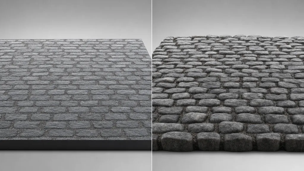 Side-by-side cobblestone surface at a glancing angle — left with a normal map only showing a flat edge, right with displacement showing real bumpy raised stones at the silhouette