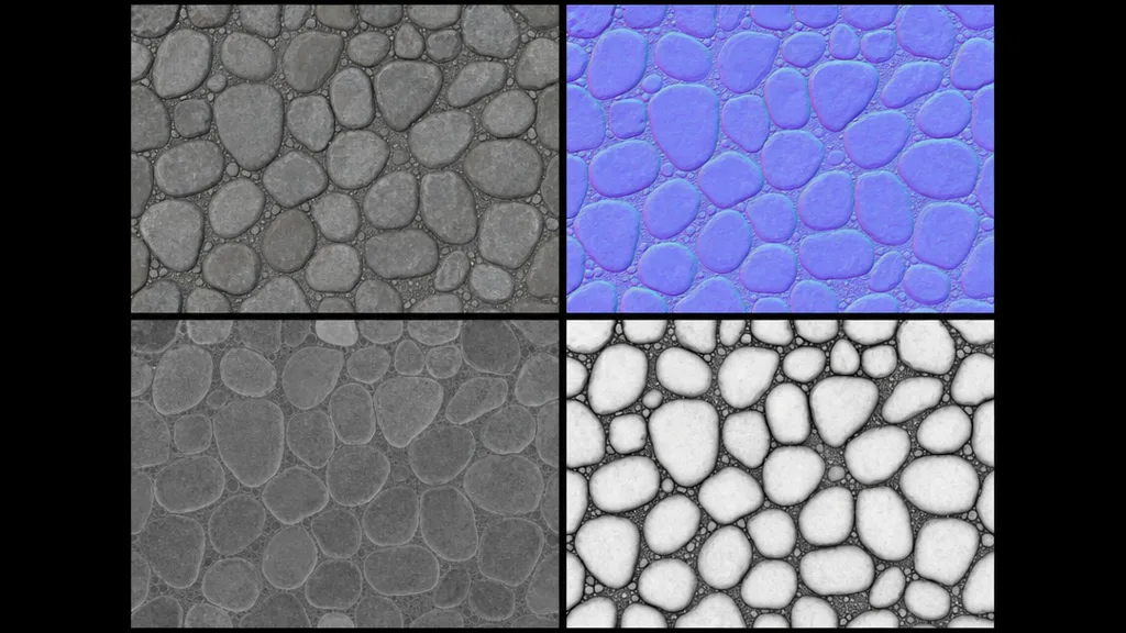 Four PBR texture maps for a cobblestone surface arranged in a grid — grey base colour, purple-blue normal, greyscale roughness, and ambient occlusion with dark gaps between stones