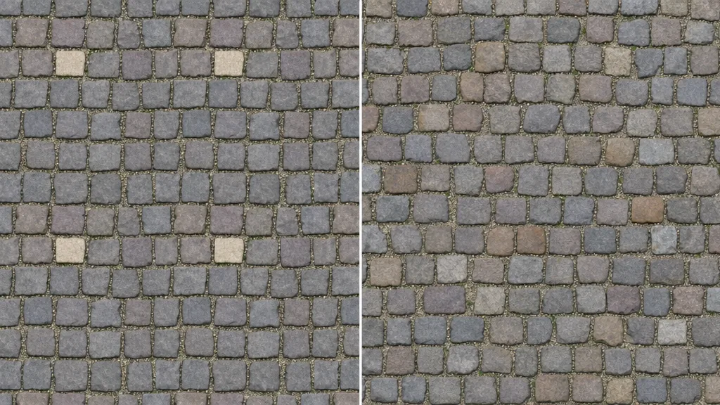 Side-by-side cobblestone comparison — left half shows an obvious repeating grid with one distinctive light stone tiling regularly, right half tiles cleanly with varied stones