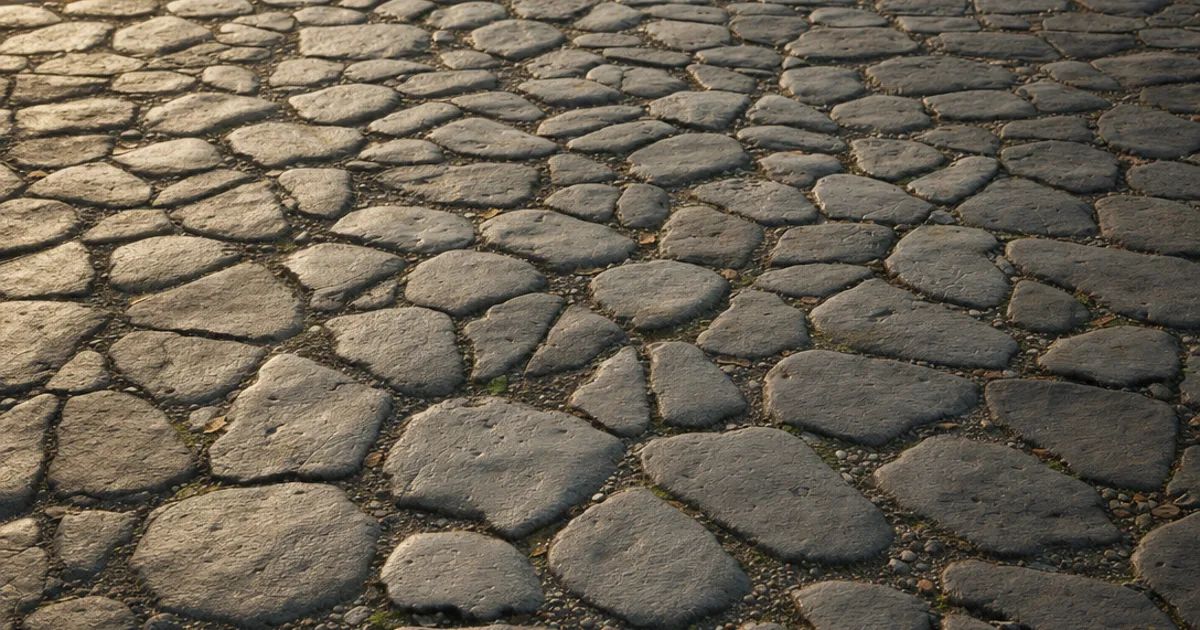 Photorealistic 3D render of a rounded cobblestone street with deep gaps and worn stones tiled seamlessly under warm low light with no visible repeating pattern