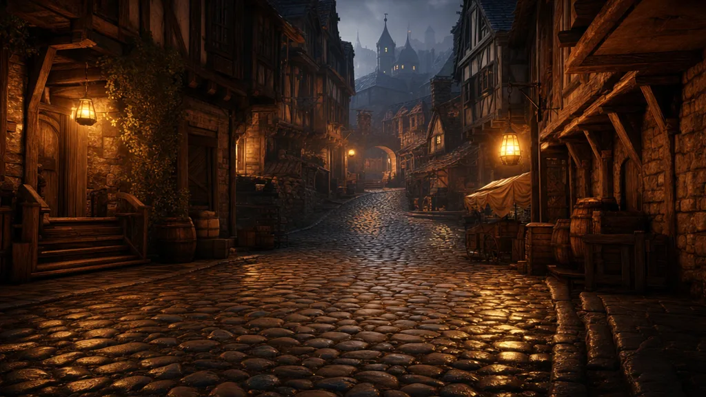 A game environment of a narrow medieval street paved with wet cobblestones reflecting lantern light, lined with timber-framed buildings under evening mist
