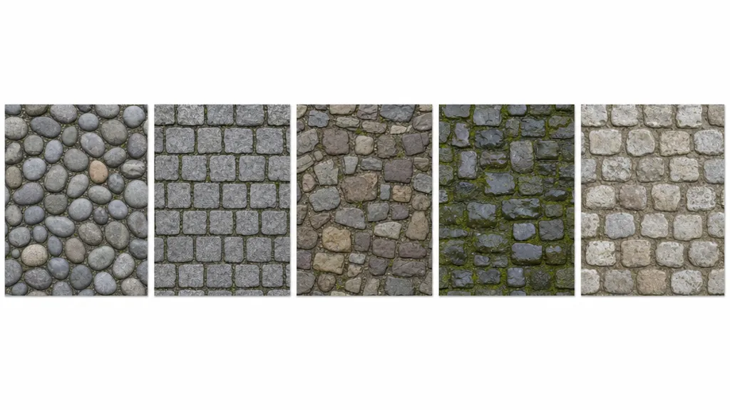 A row of five seamless cobblestone material swatches — rounded river cobbles, square granite setts, irregular medieval cobbles, mossy wet cobbles, and worn pale cobbles