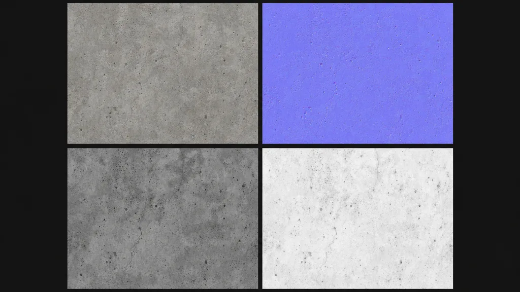 Four PBR texture maps for a concrete surface arranged in a grid — grey base colour, purple-blue normal map, greyscale roughness, and ambient occlusion