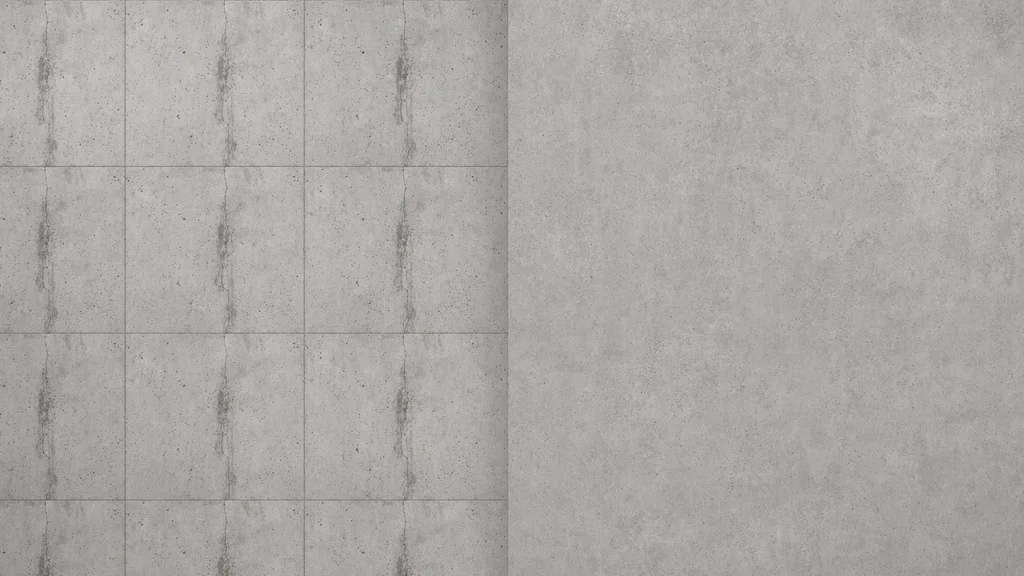 Side-by-side concrete wall comparison — left half shows an obvious repeating grid with a stain and crack tiling regularly, right half tiles cleanly with no visible seam