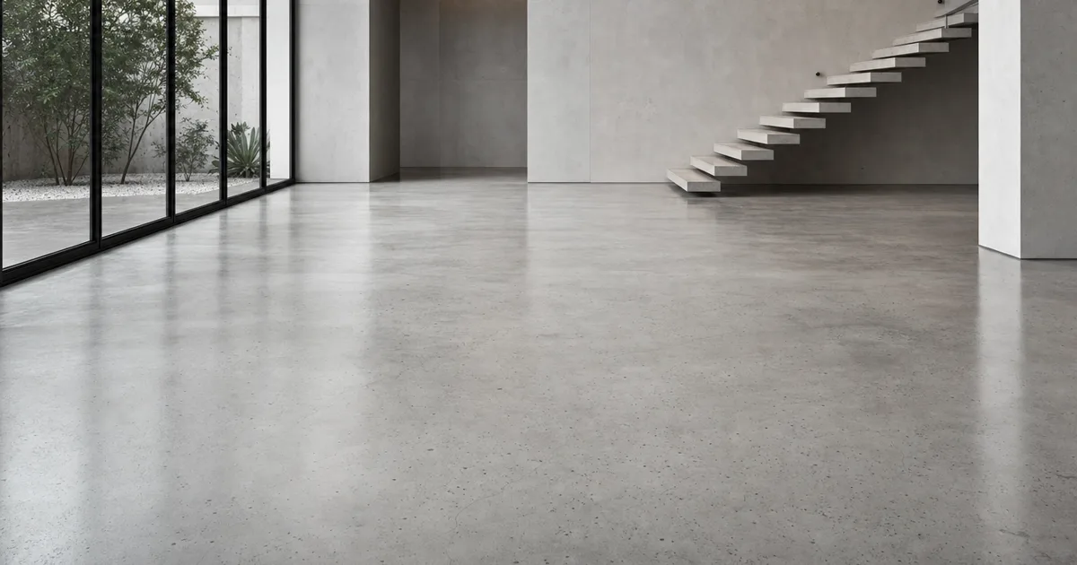 Photorealistic 3D render of a large polished concrete floor in a modern minimalist interior, tiled seamlessly with subtle tonal variation and no visible repeating patches