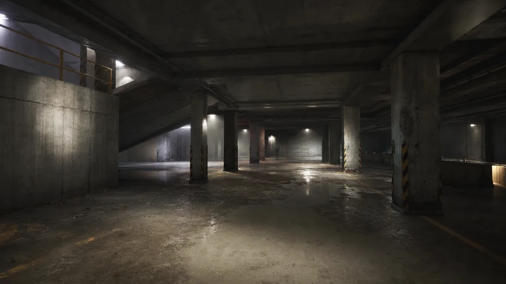 Moody industrial game environment of an abandoned concrete parking garage with raw concrete walls, floor, and pillars lit by dramatic shafts of light