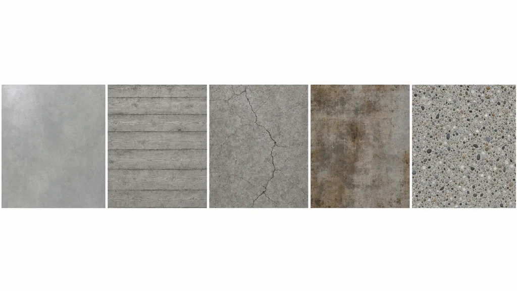 A row of five seamless concrete material swatches — polished, board-formed with wood-grain imprint, cracked weathered, stained industrial, and exposed aggregate