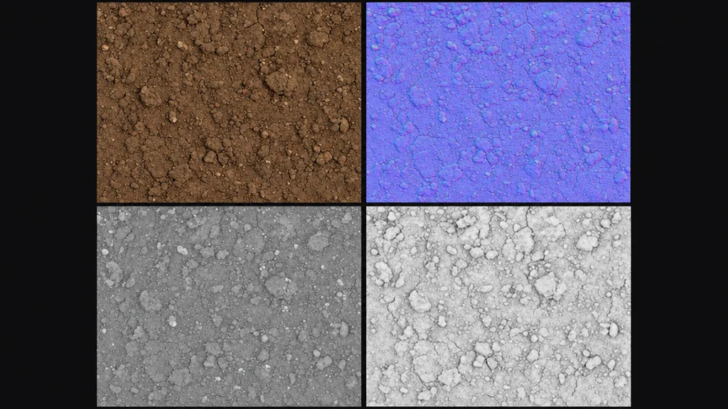 Four PBR texture maps for a soil surface arranged in a grid — brown base colour, purple-blue normal showing clods and cracks, greyscale roughness, and ambient occlusion