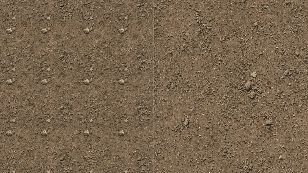 Side-by-side soil comparison — left half shows an obvious repeating grid with a tell-tale rock and footprint tiling regularly, right half tiles cleanly with even varied dirt