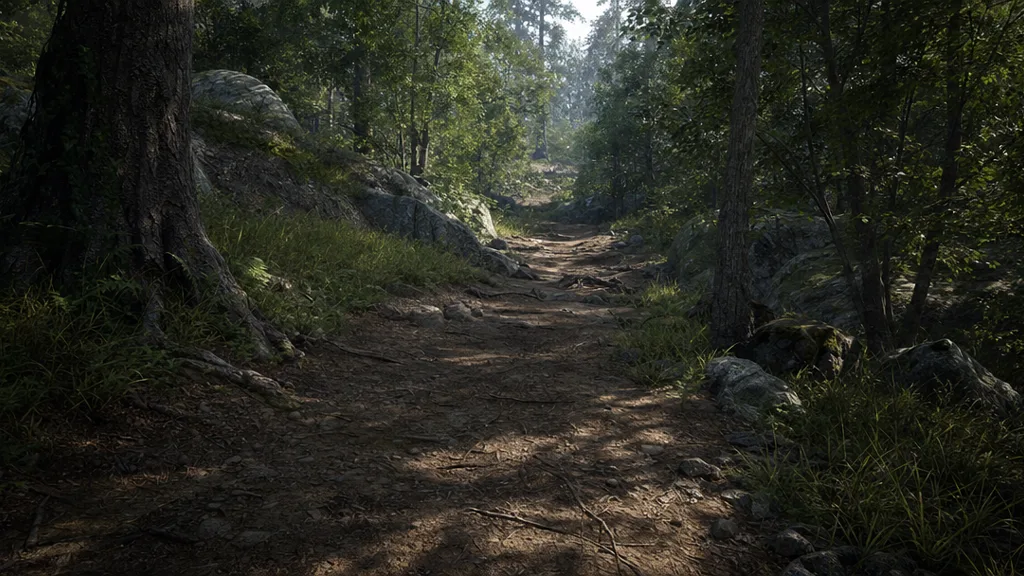 A game environment of a forest trail with a worn dirt path winding between trees, scattered rocks and roots, dappled light through the canopy