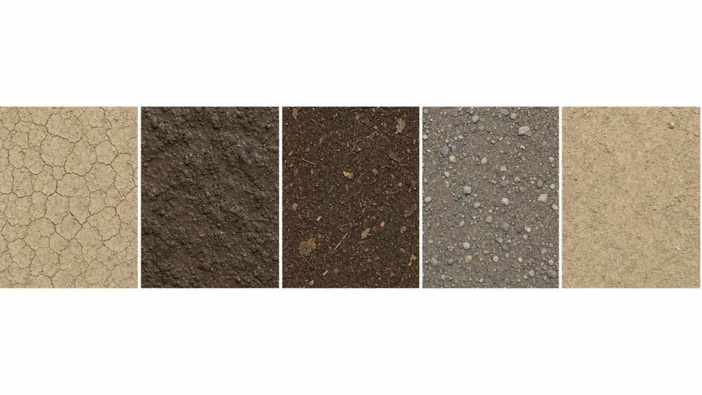 A row of five seamless dirt material swatches — dry cracked clay, dark wet mud, brown forest soil, gravelly dirt, and pale sandy dirt