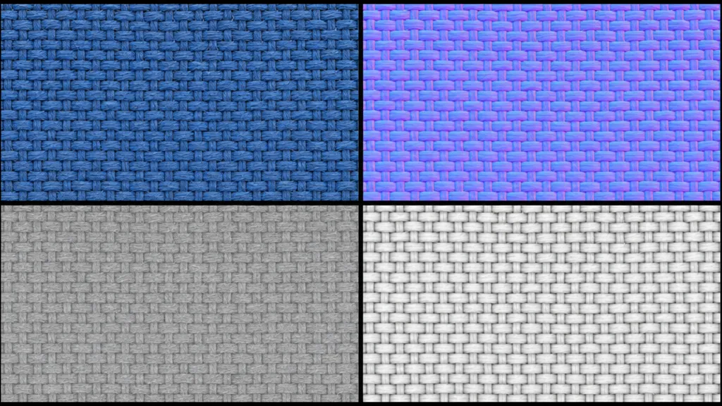 Four PBR texture maps for a woven fabric surface arranged in a grid — base colour, purple-blue normal showing thread weave, greyscale roughness, and ambient occlusion
