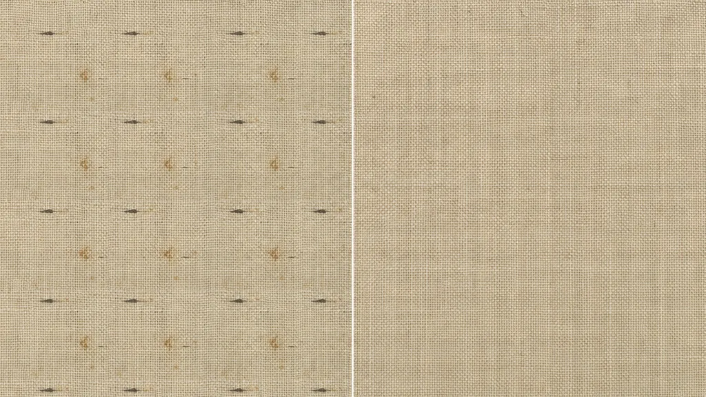 Side-by-side woven fabric comparison — left half shows an obvious repeating grid with a tell-tale slub and stain tiling regularly, right half tiles cleanly with even weave