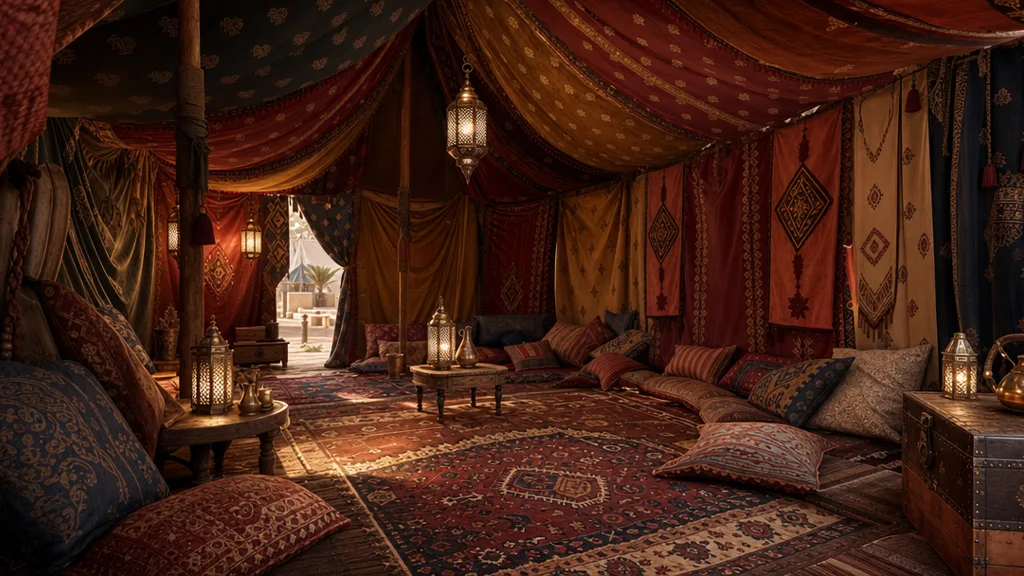 A cozy game environment of a draped tent interior with patterned fabric walls, woven rugs, cushions, and hanging banners catching warm lantern light
