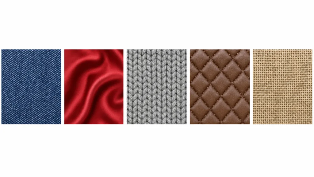 A row of five seamless fabric material swatches — woven denim, smooth red silk, grey wool knit, quilted leather, and burlap
