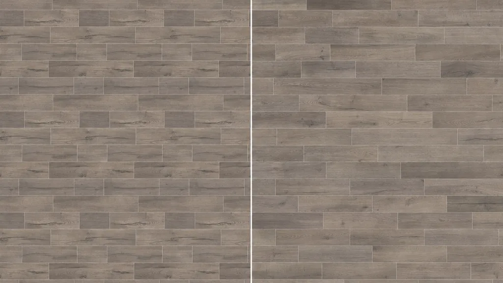 Side by side of a tiled floor: left with an obvious repeating grid pattern, right with the repetition broken up and no visible grid