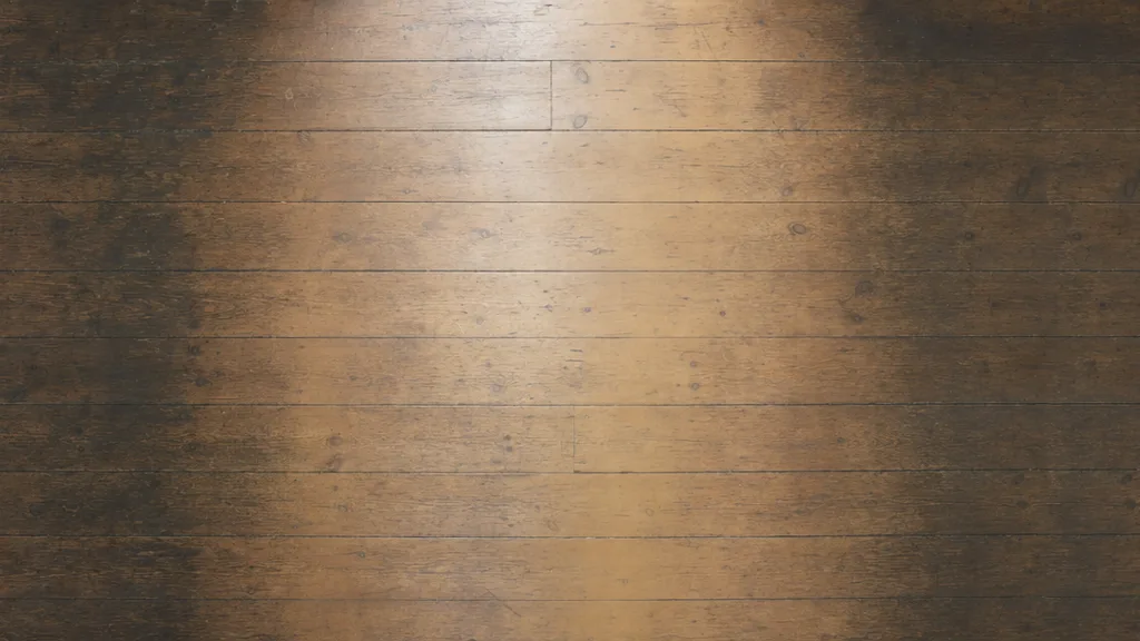 A wooden floor showing a lighter, more polished traffic path worn through the middle where people walk, versus rougher untouched wood at the edges