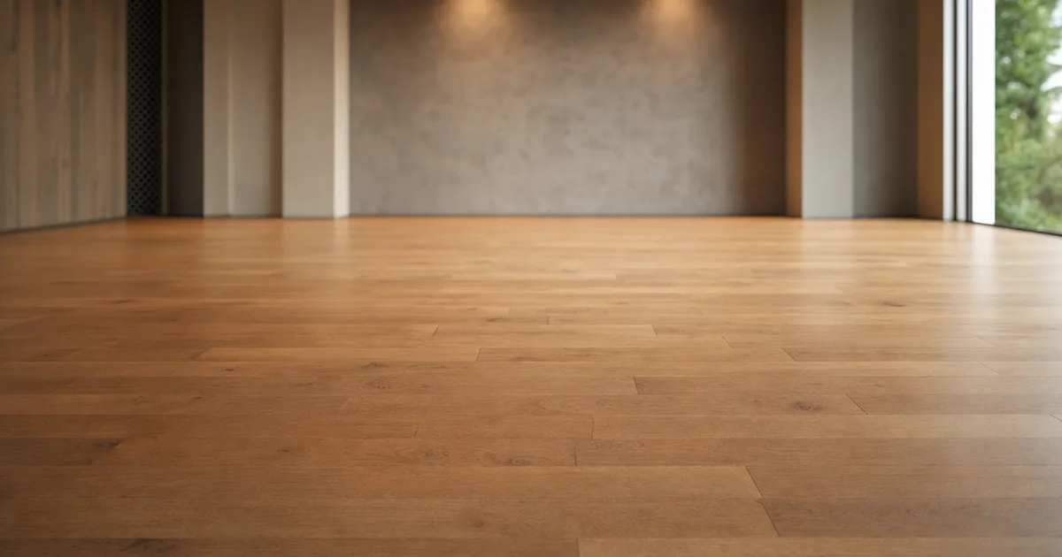A large interior floor of tiled wooden planks stretching to the far wall under soft overhead light, with no visible repeating grid