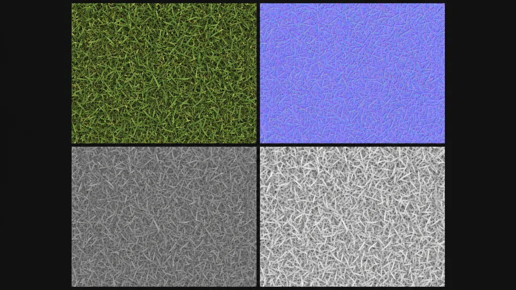 Four PBR texture maps for a grass surface arranged in a grid — green base colour, purple-blue normal map, greyscale roughness, and ambient occlusion