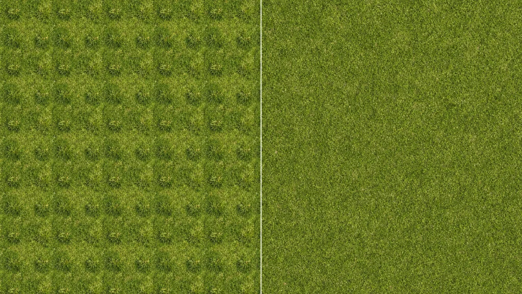 Side-by-side grass ground comparison — left half shows an obvious repeating grid with a clump tiling regularly, right half tiles cleanly with no visible seam