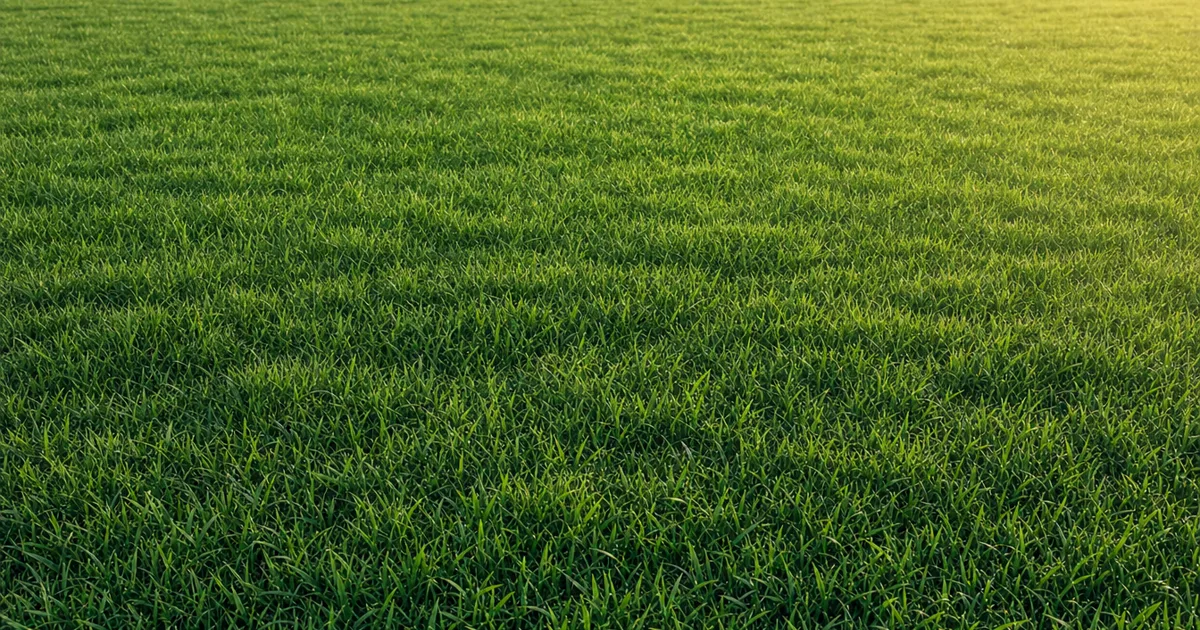 Photorealistic 3D render of a lush green grass field tiled seamlessly across open terrain under soft golden afternoon light, no visible repeating patches