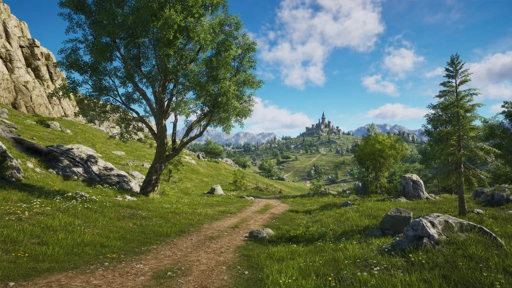 Fantasy game environment with rolling green grassy hills, a winding dirt path, scattered trees and rocks under a blue sky, rendered with a seamless grass ground material