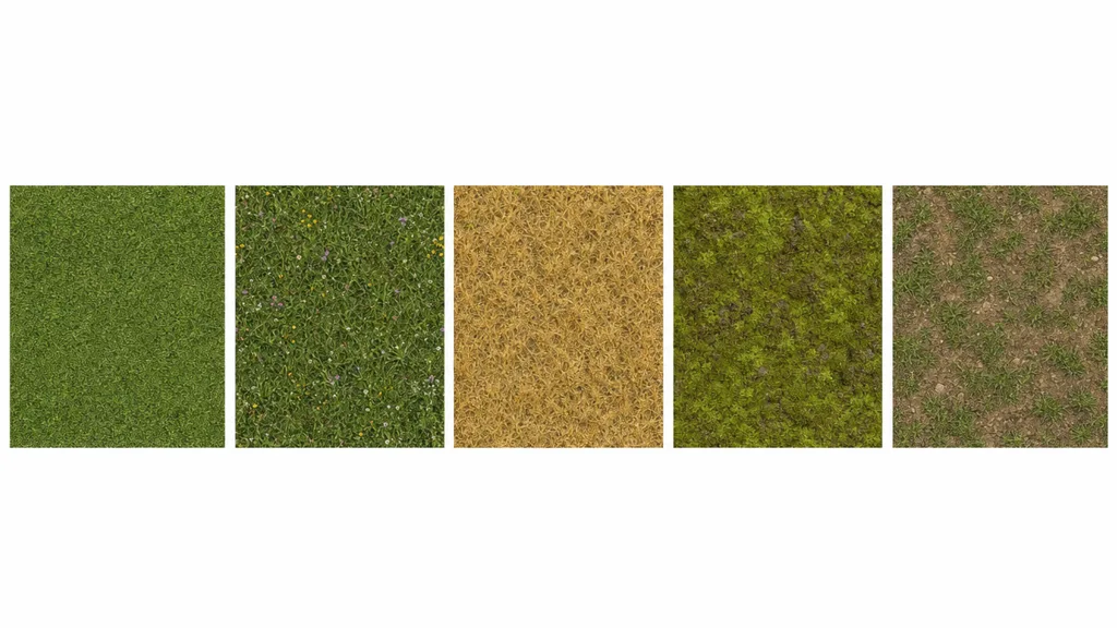 A row of five seamless grass material swatches — manicured lawn, wild meadow with flowers, dry savanna, soft moss, and patchy dirt-and-grass mix