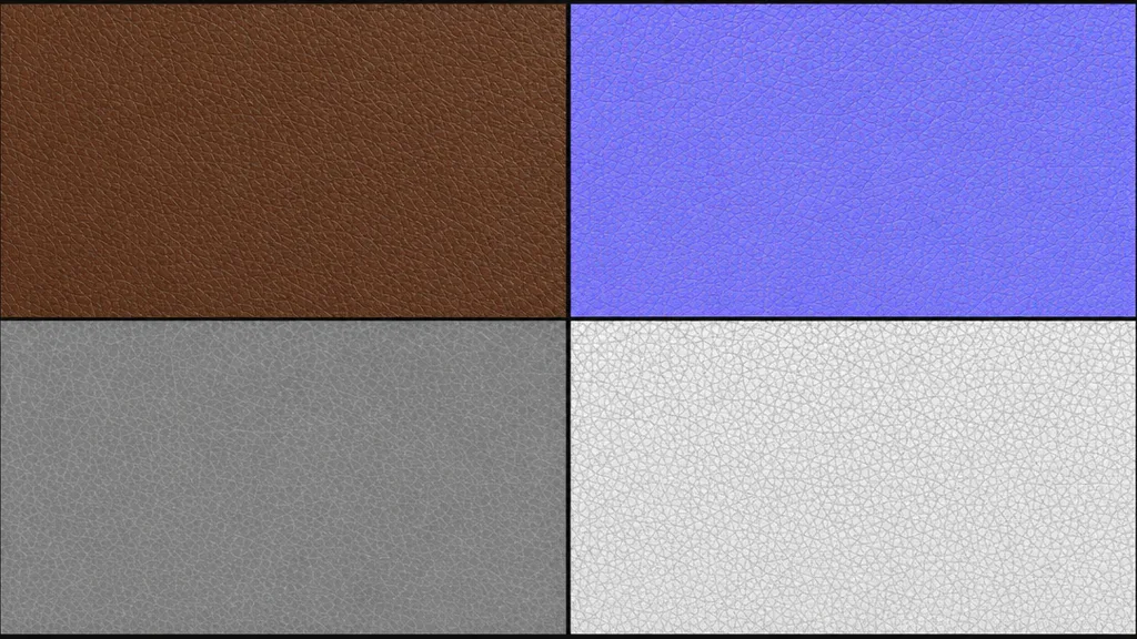 Four PBR texture maps for a pebbled leather surface arranged in a grid — brown base colour, purple-blue normal showing grain, greyscale roughness, and ambient occlusion