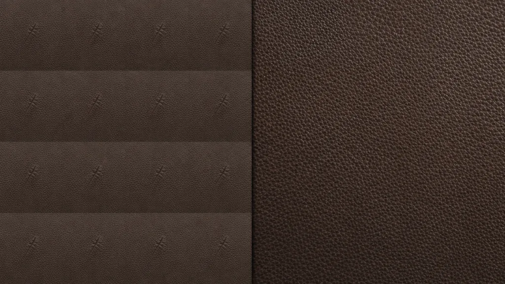 Side-by-side pebbled leather comparison — left half shows an obvious repeating grid with a tell-tale crease and scar tiling regularly, right half tiles cleanly with even grain