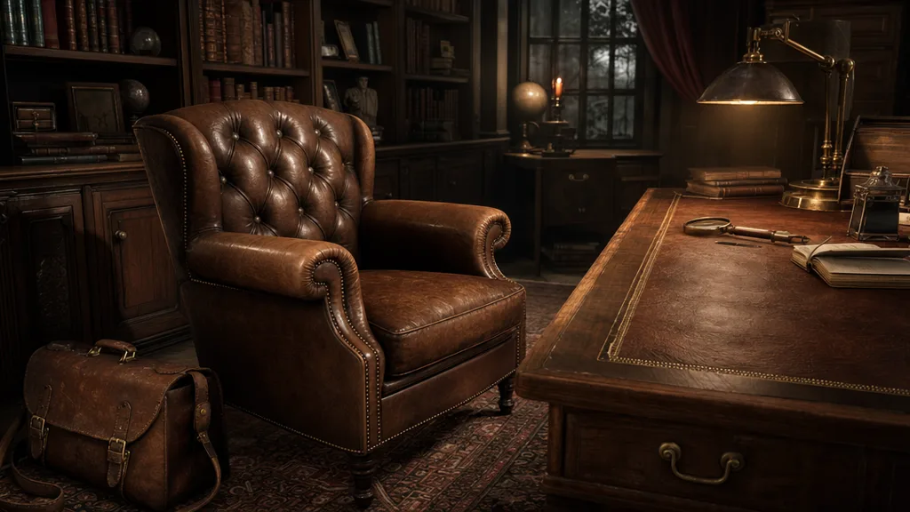 A moody game environment of a vintage study with a tufted leather armchair, leather-bound books, a worn leather satchel, and a leather-topped desk under warm lamplight