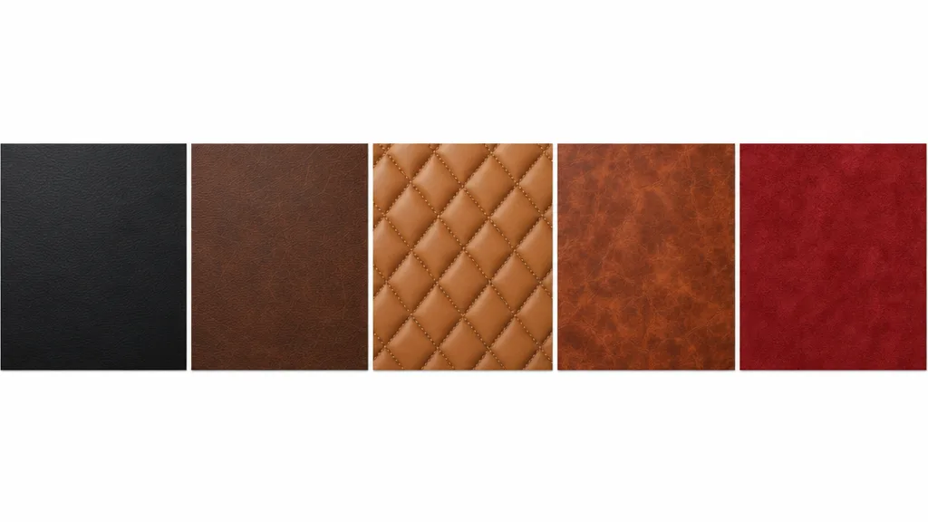A row of five seamless leather material swatches — smooth black leather, brown full-grain, quilted tan, distressed cognac, and red suede