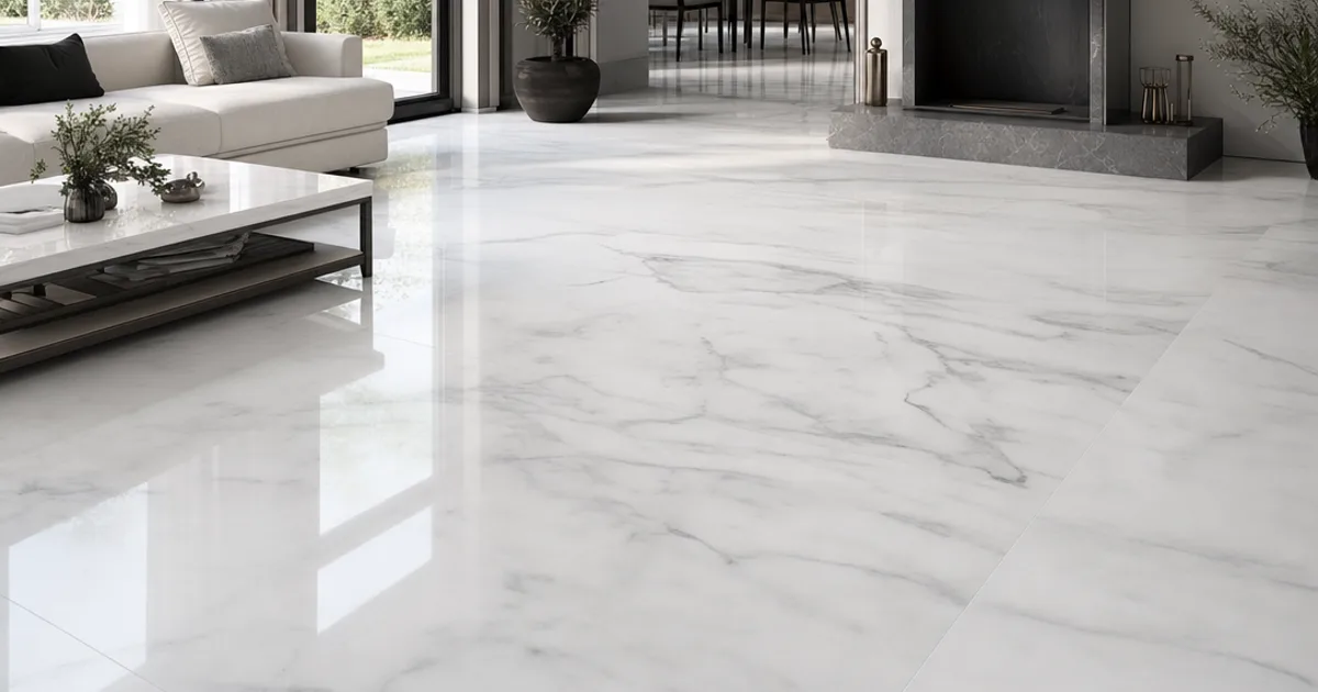 Photorealistic 3D render of a polished white Carrara marble floor with flowing grey veins tiled seamlessly across a large interior with soft reflections and no visible repeating pattern