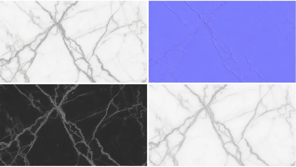 Four PBR texture maps for a white veined marble surface arranged in a grid — base colour with grey veins, purple-blue normal, greyscale roughness, and ambient occlusion
