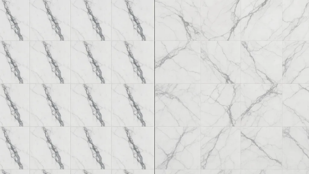 Side-by-side white marble comparison — left half shows an obvious repeating grid with one bold dark vein tiling regularly, right half tiles cleanly with naturally flowing veins