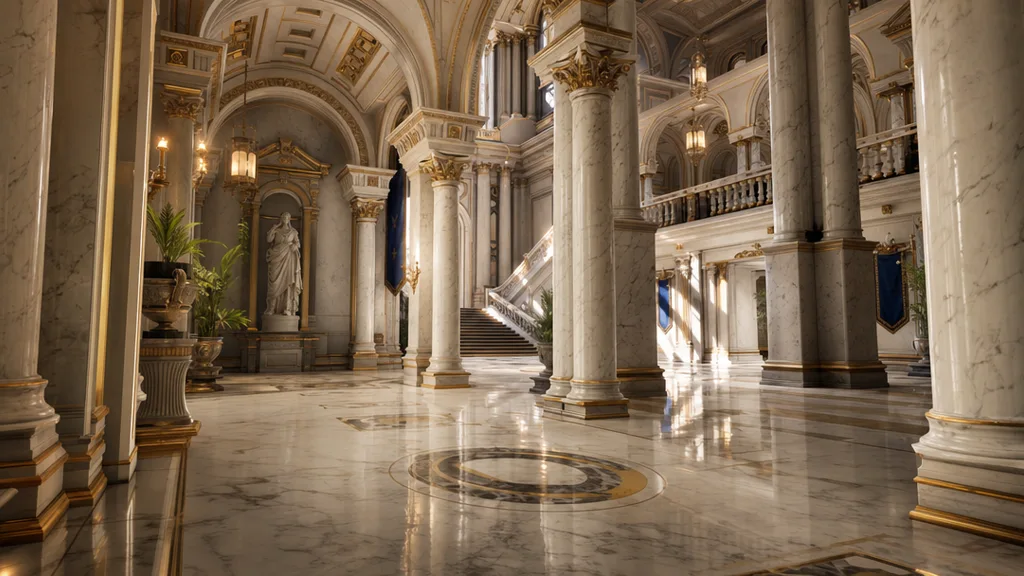An elegant game environment of a grand classical hall with polished white marble floors and columns reflecting warm light under a vaulted ceiling