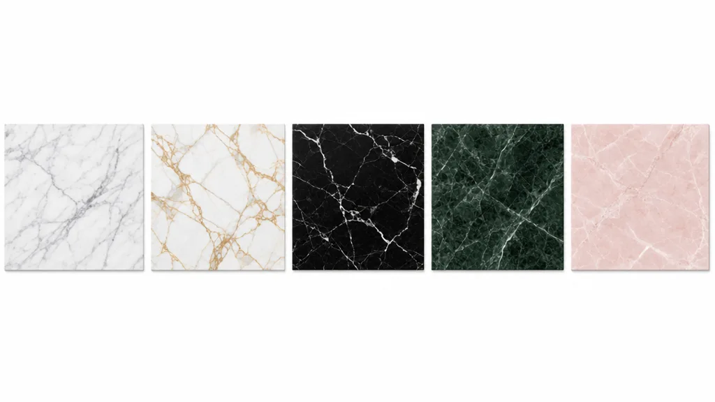 A row of five seamless marble material swatches — white Carrara, white-and-gold Calacatta, black Nero Marquina, green marble, and pink marble