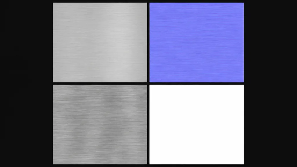 Four PBR texture maps for a metal panel arranged in a grid — base colour, purple-blue normal map, greyscale roughness, and a mostly-white metalness map