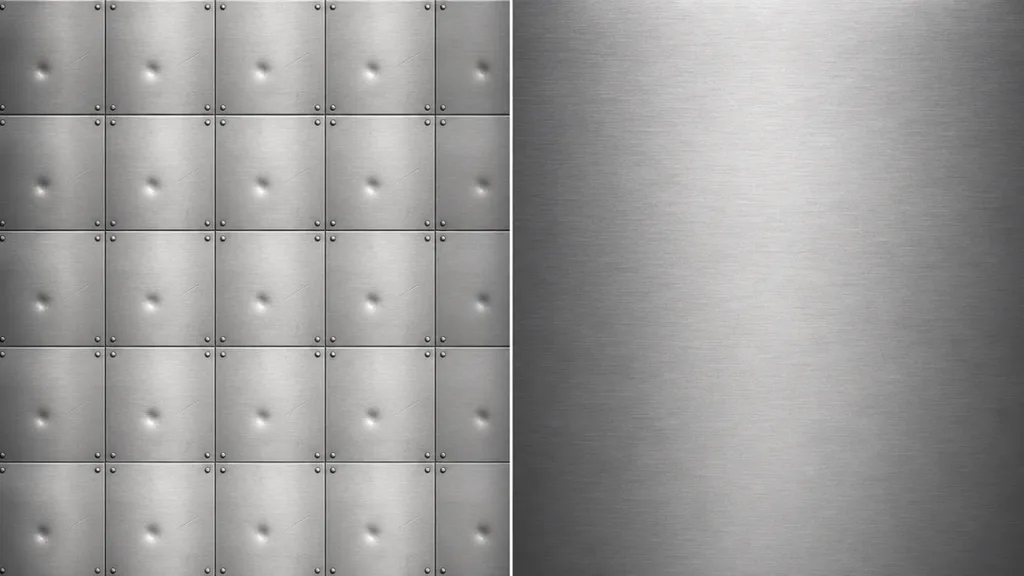 Side-by-side metal panel comparison — left half shows an obvious repeating grid with one dent and scratch tiling regularly, right half tiles cleanly with no visible seam