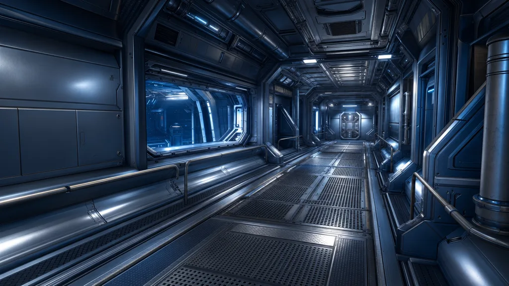 Sci-fi game environment of a sleek spaceship corridor lined with brushed metal wall panels and grated metal floors under cool blue lighting