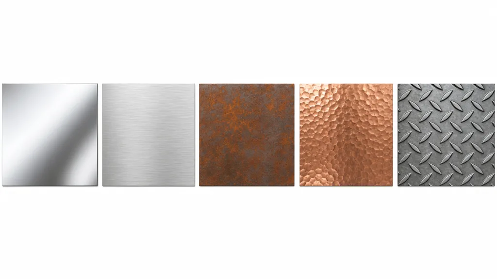 A row of five seamless metal material swatches — polished steel, brushed aluminium, rusted iron, hammered copper, and industrial diamond plate