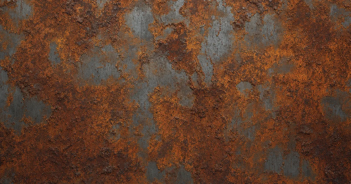 Photorealistic 3D render of a heavily rusted metal sheet with orange and brown corrosion and patches of bare steel, tiled seamlessly across a large surface with no visible repeating pattern