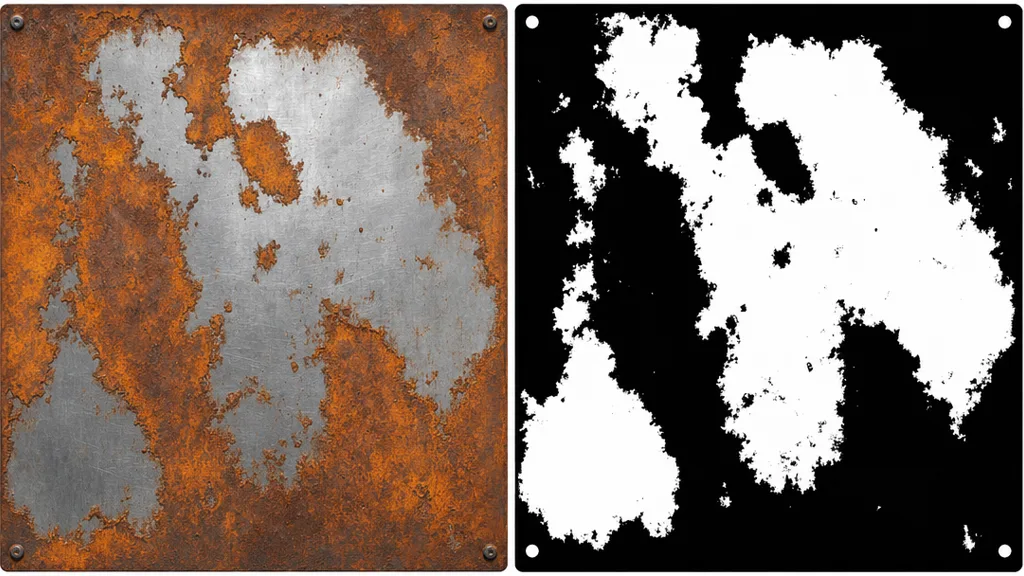 A rusted metal panel beside its black-and-white metalness map, white where bare steel shows and black where the orange rust has taken over