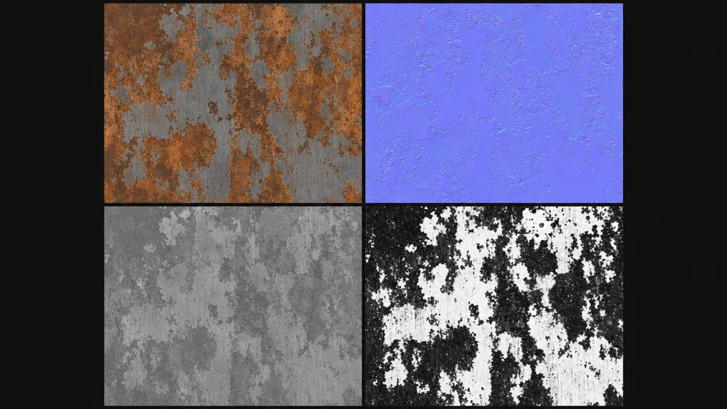 Four PBR texture maps for a rusted metal surface arranged in a grid — orange-brown base colour, purple-blue normal, greyscale roughness, and a varied black-and-white metalness map